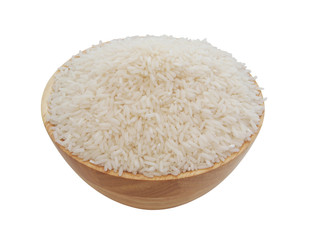 Rice in wooden bowl isolated on white background