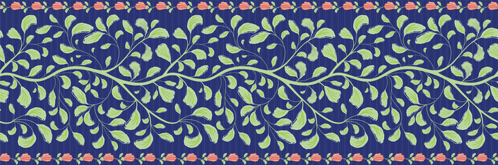Intricate indian floral border with green leaves and coral flower edge. Seamless vector pattern on striped dark blue background. Great for wellbeing, cosmetic products, summer, packaging,stationery