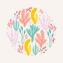 Ocean greeting card with seaweed, corals and bubbles © miumi