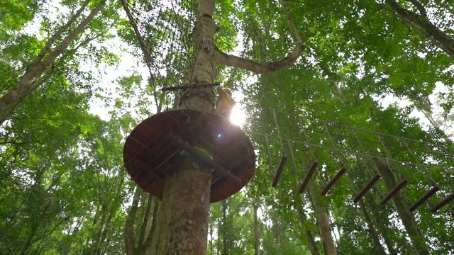 Slowmotion shot of a little boy in a safety harness climbs on a route in treetops in a forest adventure park. He climbs on high rope trail. Outdoor amusement center with climbing activities consisting