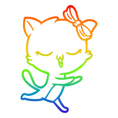 rainbow gradient line drawing cartoon cat with bow on head