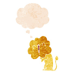 cute cartoon lion and thought bubble in retro textured style