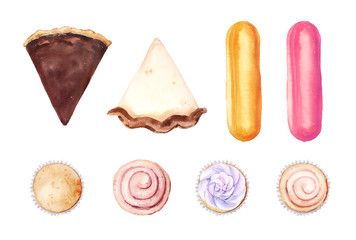 Watercolor hand drawn dessert illustration set isolated on white background