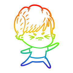 rainbow gradient line drawing cartoon frustrated woman