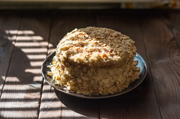 Slice Confectionery Napoleon Cake. Portion of Custard Cream Dessert copy space. Crumbs Around Plate. Bakery Tasty Sweet Dish Closeup