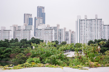 The view of the oriental garden and lake in Seoul, South Korea. There are apartment complex and buildings in the distance.