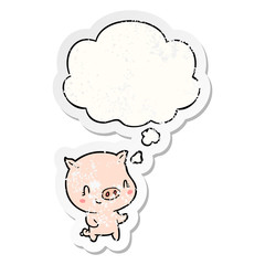 cartoon pig and thought bubble as a distressed worn sticker