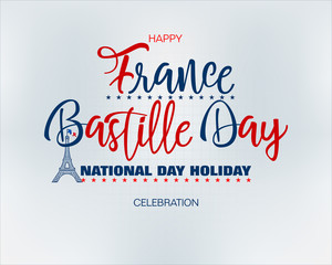 Holiday design, background with handwriting and 3d texts and Eiffel tower shape on national flag colors for Fourteenth of July, Bastille day, France National holiday, celebration - Powered by Adobe