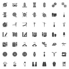 Sewing vector icons set, modern solid symbol collection, filled style pictogram pack. Signs, logo illustration. Set includes icons as Thimble, Electric sewing machine, Pattern fabric, Tailors dummy