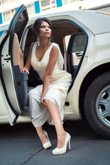 Fototapeta na wymiar Young attractive VIP Woman getting out of limousine with door being open