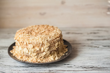 Slice Confectionery Napoleon Cake. Portion of Custard Cream Dessert copy space. Crumbs Around Plate. Bakery Tasty Sweet Dish Closeup