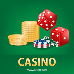 Casino chips, red dice, gold money realistic gambling poster banner. Casino vegas fortune roulette wheel design flyer. Blue background.