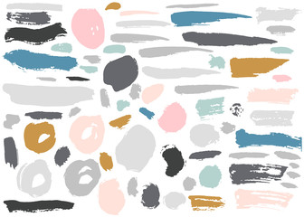 Set of colorful hand drawn grunge elements, geometrical shapes, rings, circles, banners, brush strokes isolated on white. Vector illustration.