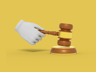 Cartoon hand is holding a judge's gavel. Illustration on color background. 3D-rendering.