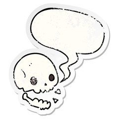 cartoon spooky skull and speech bubble distressed sticker