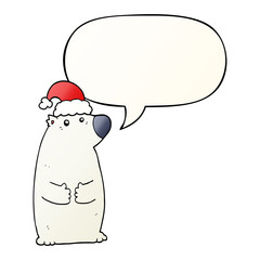 cartoon bear wearing christmas hat and speech bubble in smooth gradient style