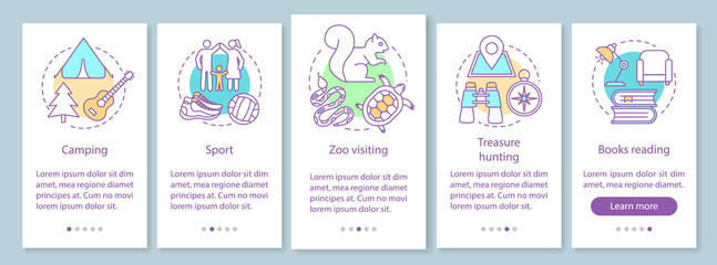 Family time together onboarding mobile app page screen with linear concepts. Sport and camping. Zoo visiting. Five walkthrough steps graphic instructions. UX, UI, GUI vector template, illustrations