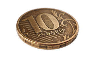 Russian coin at 10 rubles on a white background. Isolated. Close-up. Shot on macro lens