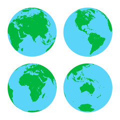 Set of four planet Earth globes with green land silhouette map on blue water background. Simple flat vector illustration.