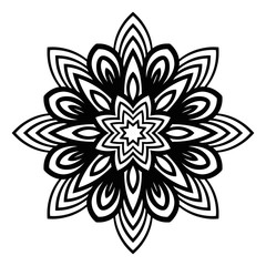 Ornamental round doodle flower isolated on white background. Black outline mandala. Geometric circle element. Vector illustration.