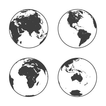 Black Earth globe in line art style in four turns on white background. North and South America, Eurasia and Africa, Atlantic, Australia in rotations. Vector illustration