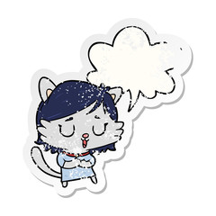cartoon cat girl and speech bubble distressed sticker
