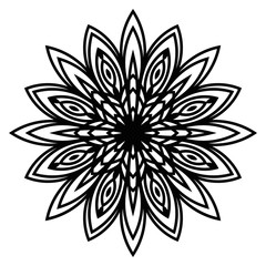 Ornamental round doodle flower isolated on white background. Black outline mandala. Geometric circle element. Vector illustration.