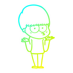 cold gradient line drawing confused cartoon boy shrugging shoulders