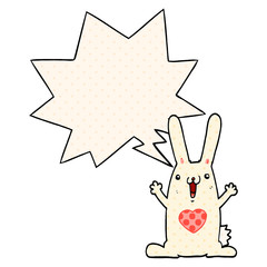 cartoon rabbit in love and speech bubble in comic book style