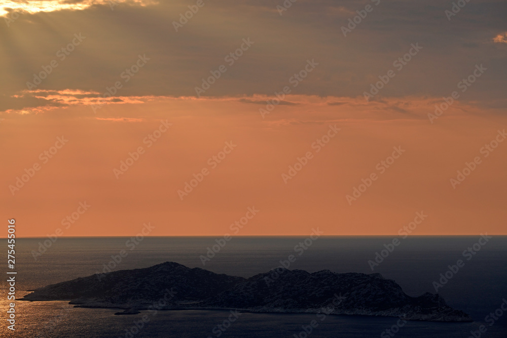 Poster Sonnenuntergang auf Kastelorizo (Megisti) mit Blick auf die Insel Ro, Griechenland