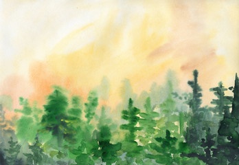 Fototapeta na wymiar Landscape with rainbow and green forest. . Hand drawn artistic watercolor background.