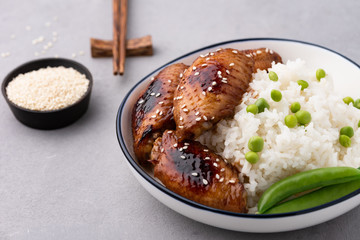 Chinese food fried chicken wings with rice