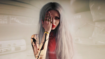 Robot girl in lab holds metal hand near face