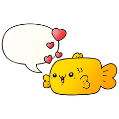 cute cartoon fish and love hearts and speech bubble in smooth gradient style