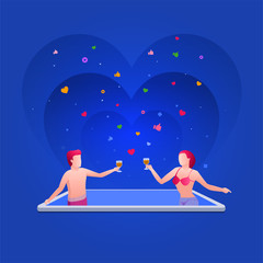 Handsome man and bikini girl are in the smart phone pool.