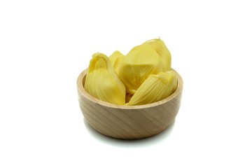 Ripe jackfruit in wooden bowl on white background
