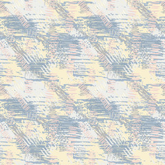 Fototapeta na wymiar Pastel blue, pink, yellow grunge seamless pattern with abstract hand drawn brush strokes and paint splashes. Messy infinity texture, modern grungy background. Vector illustration. 