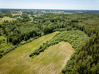 cultivated agriculture fields from above birds eye in summer