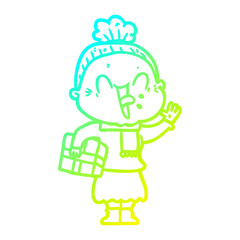 cold gradient line drawing cartoon happy old woman