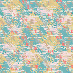 Colorful grunge seamless pattern with abstract hand drawn brush strokes and paint splashes. Messy infinity texture, modern grungy background. Vector illustration. 