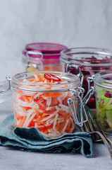 Traditional fermented foods -  sauerkraut, kimchi with carrot, beet, brassica rapa  for  health ...