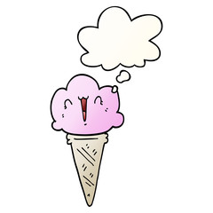 cartoon ice cream with face and thought bubble in smooth gradient style