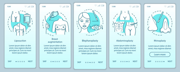 Surgical body sculpting onboarding mobile app page screen vector template