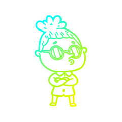 cold gradient line drawing cartoon woman wearing glasses