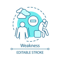 Weakness turquoise concept icon. Stress, sickness, disease idea thin line illustration. Unhappy, depressed person vector isolated outline drawing. Weak, tired people. Sadness, despair. Editable stroke