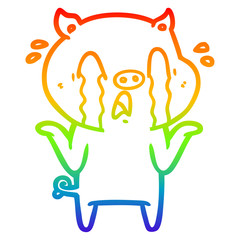 rainbow gradient line drawing crying pig cartoon