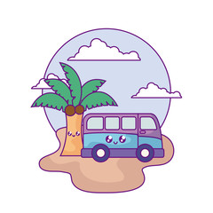 van vehicle with palm tropical kawaii in the beach