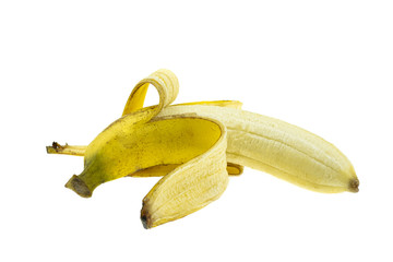 Beautiful peeled ripe banana on white backgrund