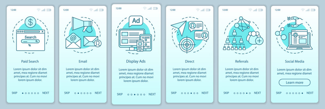 Marketing channels gradient onboarding mobile app page screen vector template. Ways of customer attraction walkthrough website steps with linear illustrations. UX, UI, GUI smartphone interface concept