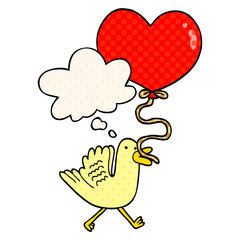 cartoon bird with heart balloon and thought bubble in comic book style